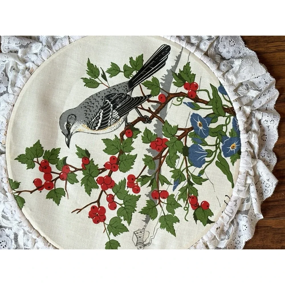 Vtg Northern Mockingbird Bird Fabric Wall Hanging Lace Ruffle Embroidery Hoop